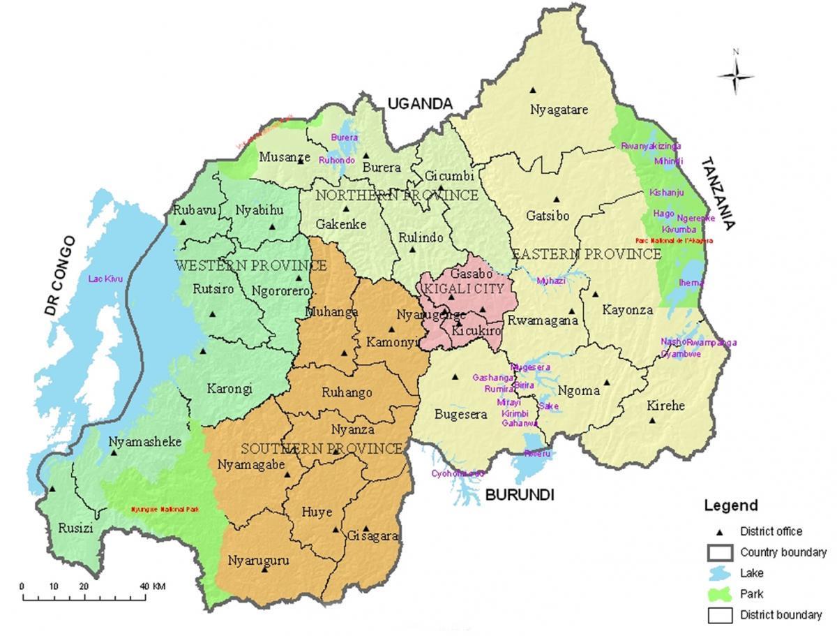 karta Ruandi s područja i sektora